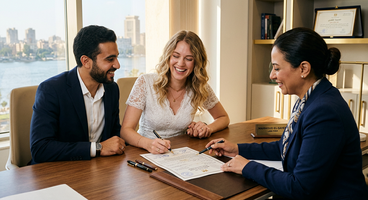 An international couple signing their marriage documents with their lawyer in Cairo