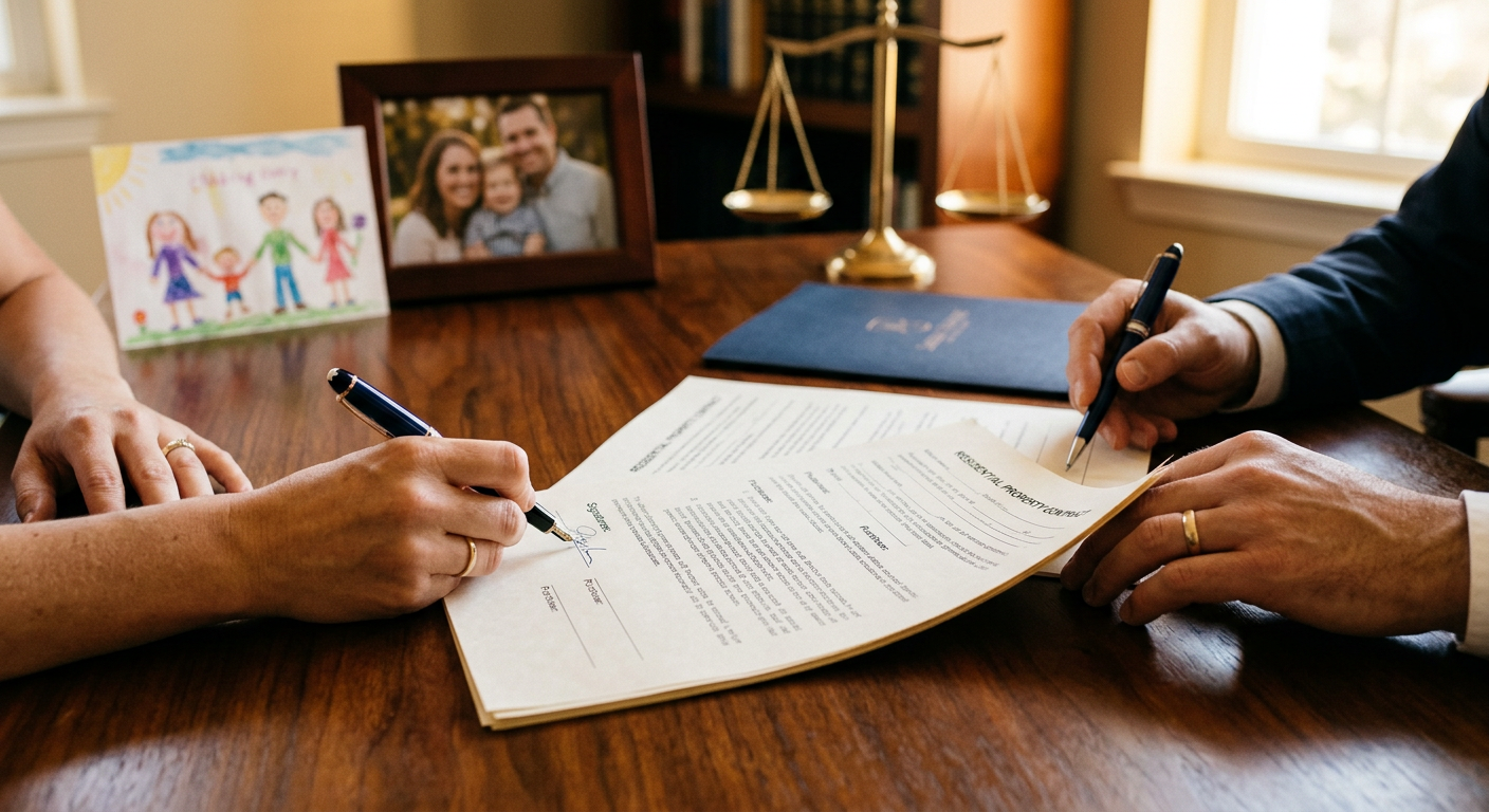 Two hands signing a marriage agreement beside a small family photo