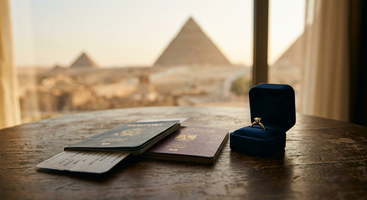 A passport with an Egyptian entry visa stamp next to wedding rings