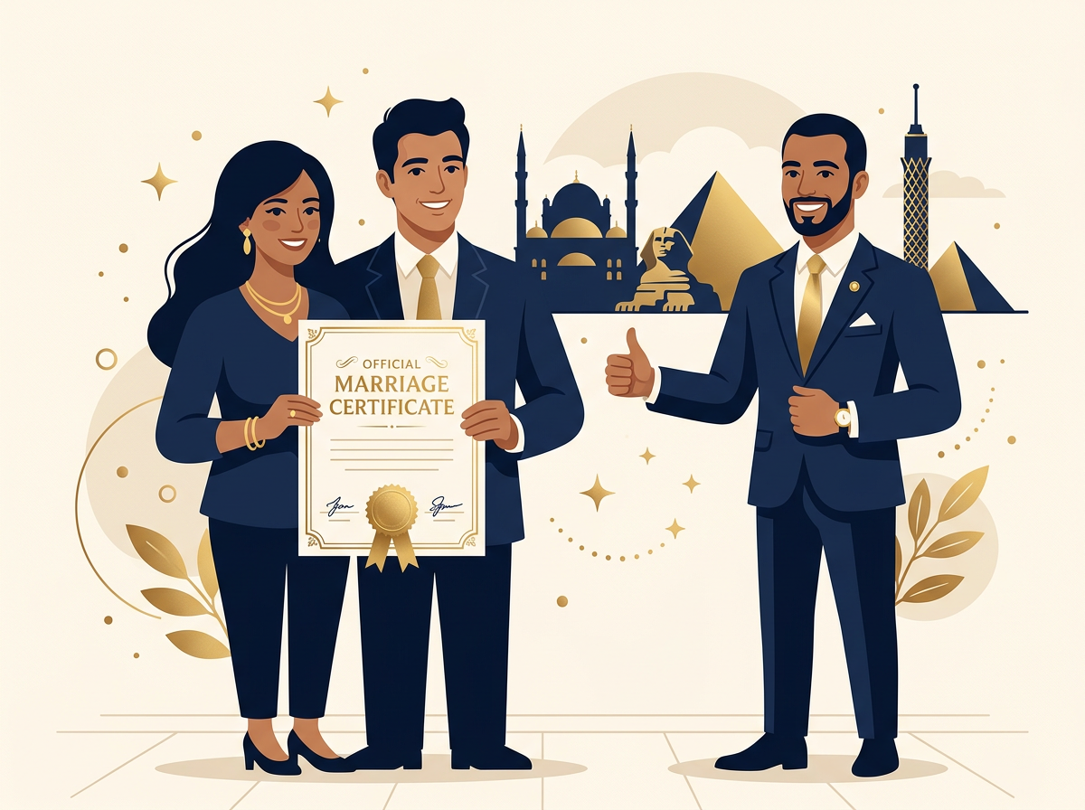 Illustration of a happy couple holding their attested marriage certificate beside their lawyer