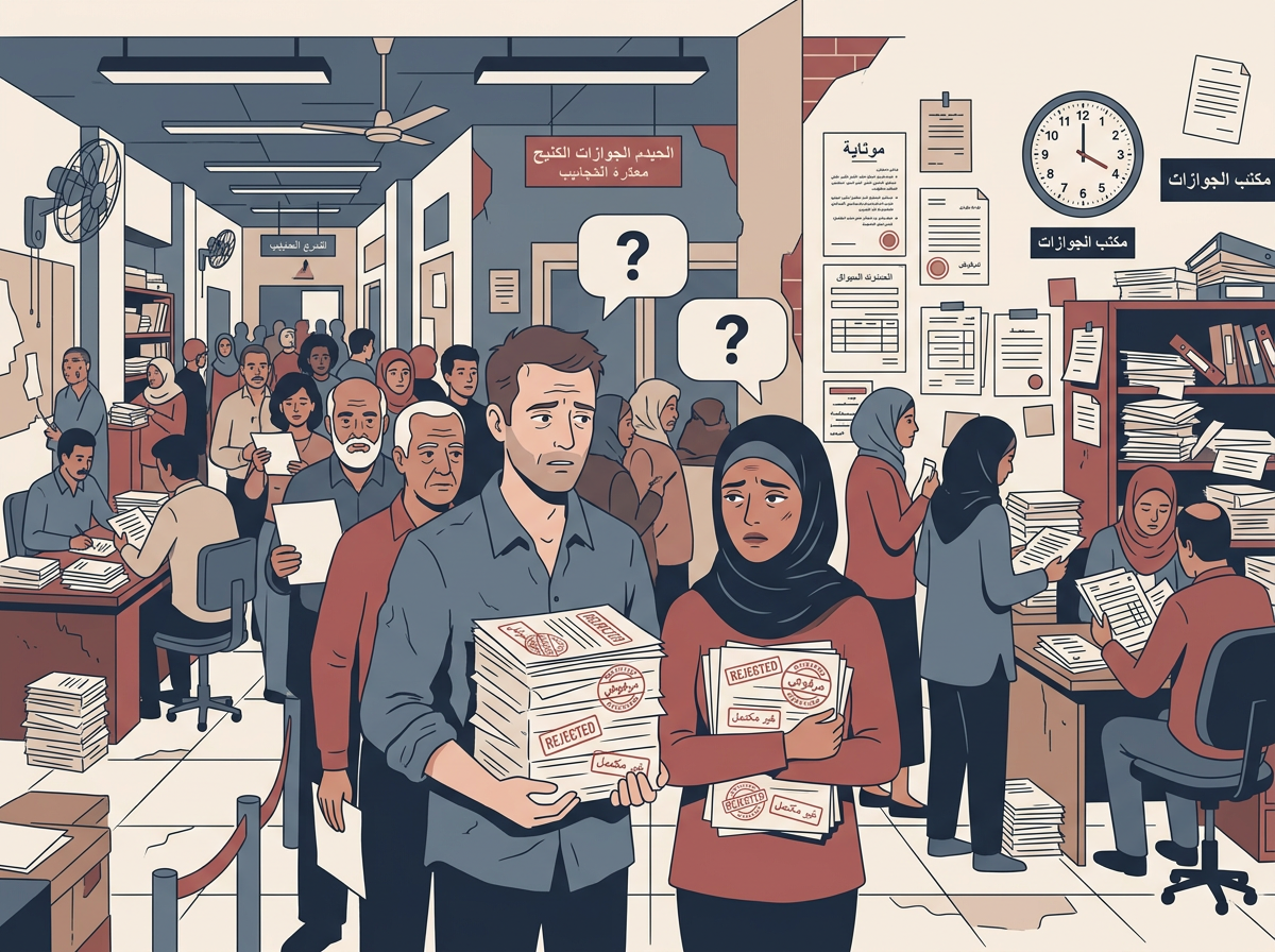 Illustration of a stressed international couple in a long government queue holding rejected papers